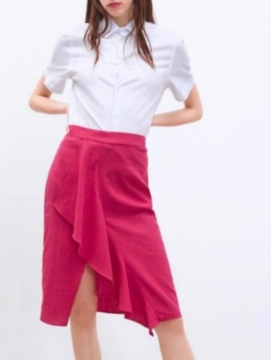 Zara Dresses & Skirts - Zara Cerise Linen Ruffle Front Pencil Skirt Women's  S Pink Office Career Casual
